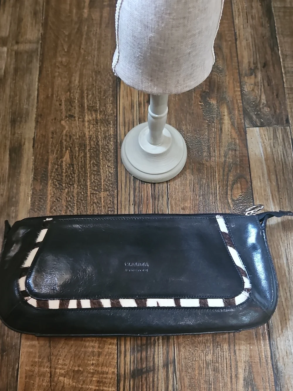 Claudia Pirenze Italian Leather /‎ Calf Hair Black Clutch with Zebra-Trim Accent